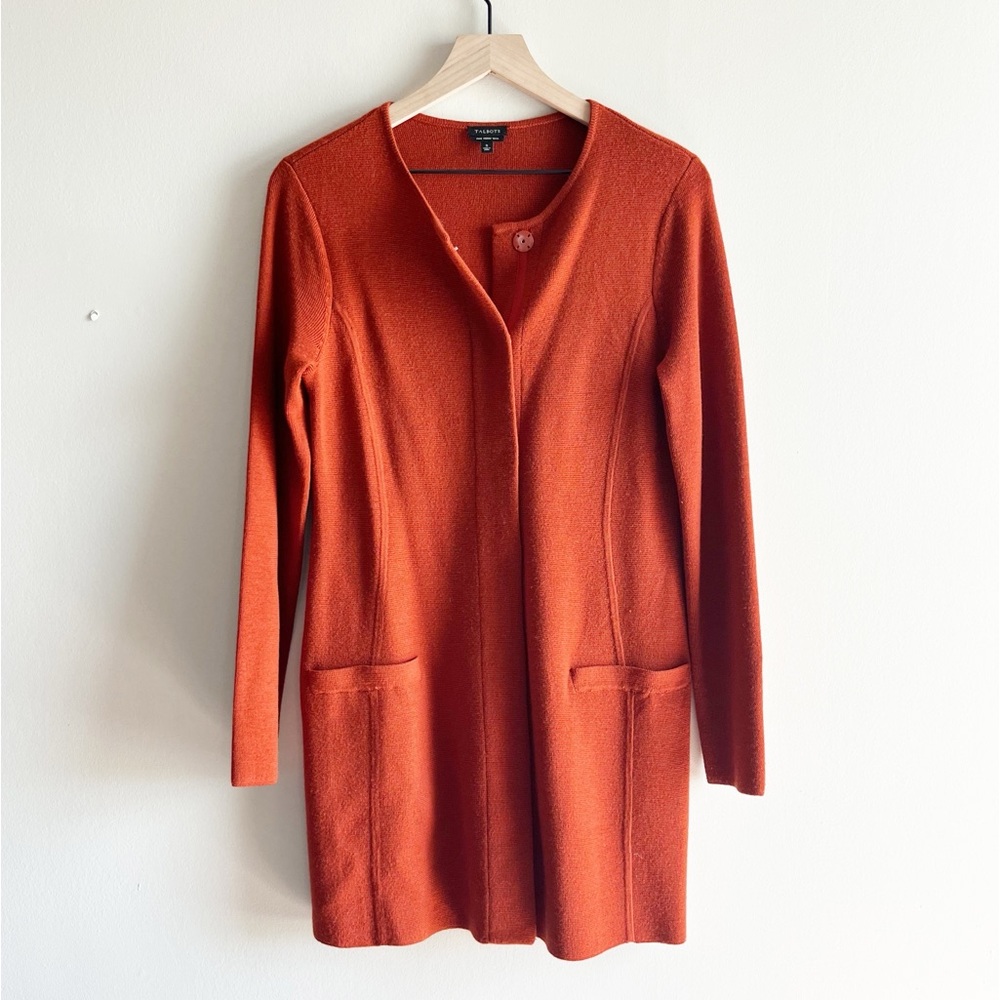 Talbots Pure Merino Wool Snap Front Long Cardigan Sz Small Rust Orange
